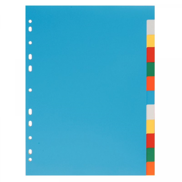Jeu de 12 intercalaires en polypropylène 12/100ème format A4 couleurs  assorties