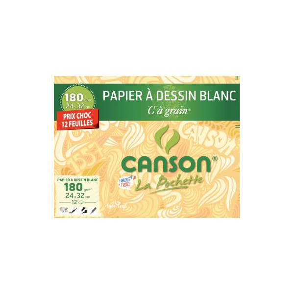 Pochette 12 feuilles papier à dessin couleurs vives A4 150g Canson C à  Grain