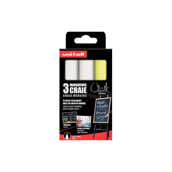 Pochette de 3 marqueurs craie Chalk 8mm assortis 2 blancs et 1 jaune fluo  couleurs très lumineuses