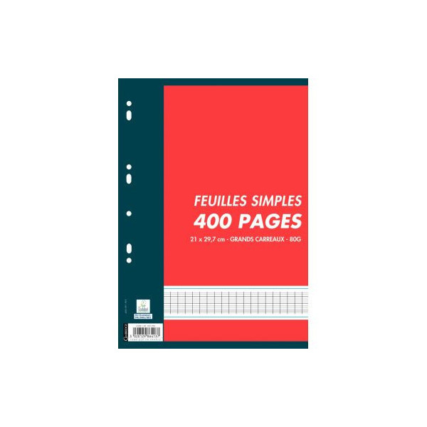 Lot de 400 Pages Feuilles Simples Grands Carreaux Seyès Format A4