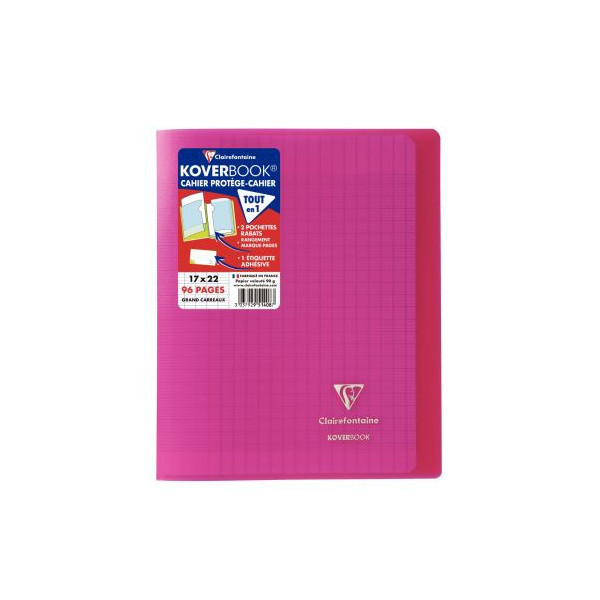 CLAIREFONTAINE - Cahier piqûre KOVERBOOK - 17 x 22 - 96 pages Seyès -  Couverture Polypro translucide - Couleur rose