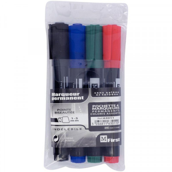 OHPen marqueur permanent pointe fine (0,7 mm) - Pochette de 4 marqueurs -  Noir/Bleu/Rouge/Vert sur