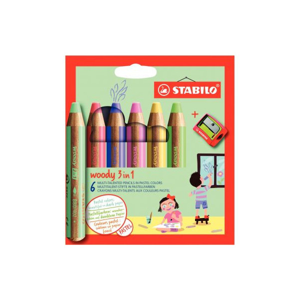 Etui de 6 crayons Woody pastel assortis + 1 taille -crayons