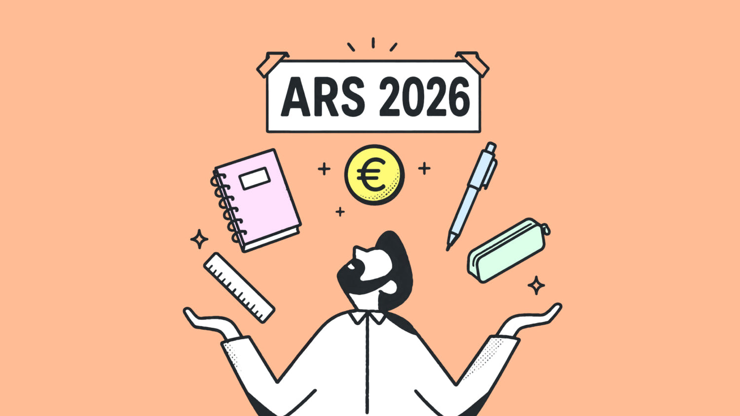 Illustration ARS 2026 : un parent jongle avec des fournitures scolaires et une pièce en euro, symbolisant l'allocation de rentrée scolaire