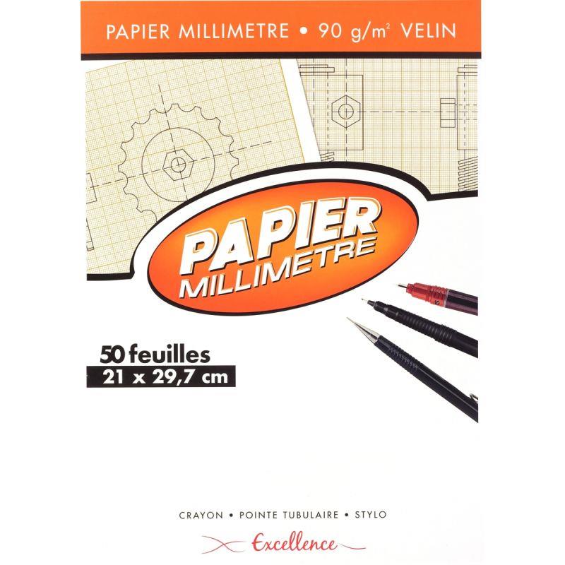 Bloc de 50 feuilles de papier millimétré, 90g, 21x29,7cm EXCELLENCE - Ma Rentrée Facile
