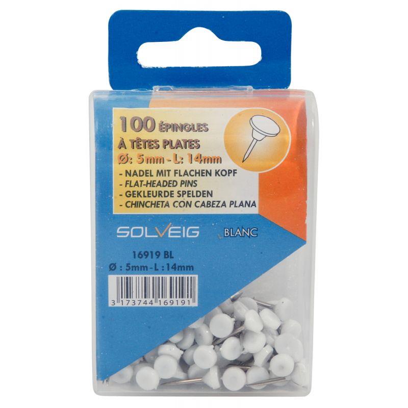 Boîte de 100 épingles de signalisation tête plate diamètre 5 mm blanc