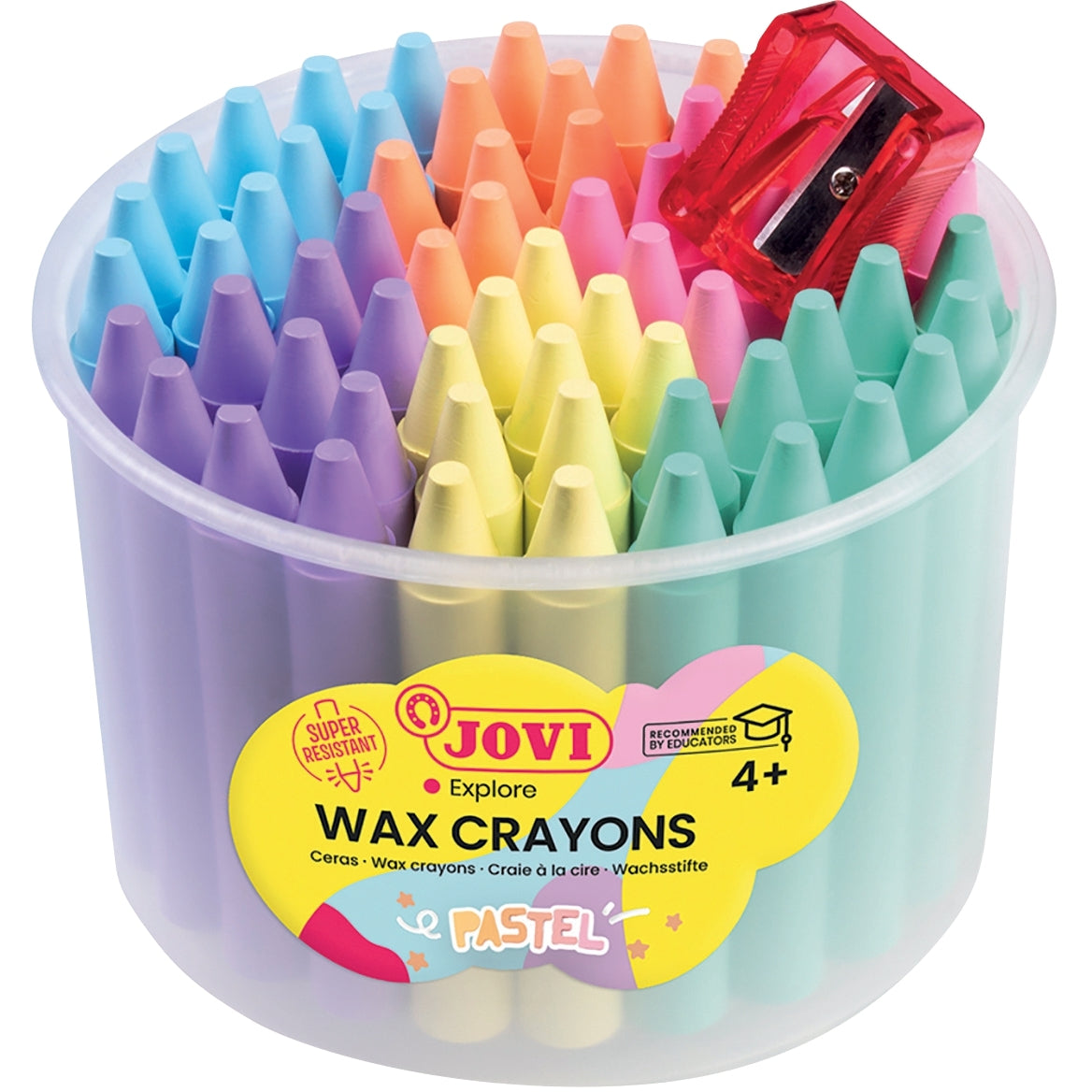 Pot de 60 crayons à la cire pastel + taille-crayons Jovi