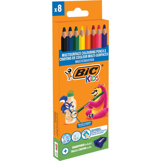 Lot de 8 crayons multisurface fins BIC Kids + taille-crayons