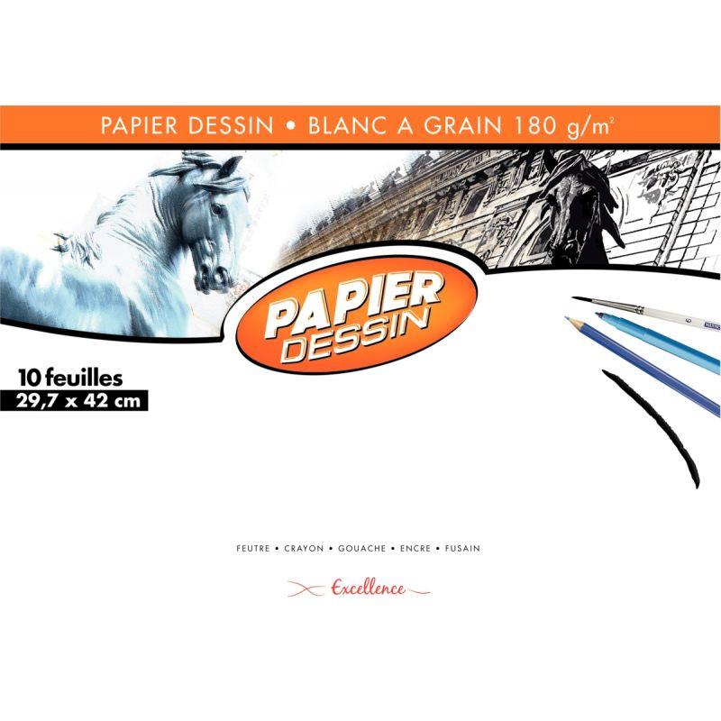 Pochette de 10 feuilles de papier dessin 180g, format 29,7x42 cm EXCELLENCE