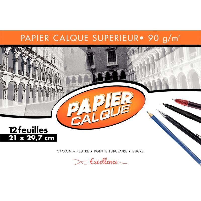 Pochette de 12 feuilles papier calque uni, 90g, 21x29,7 cm EXCELLENCE - Ma Rentrée Facile