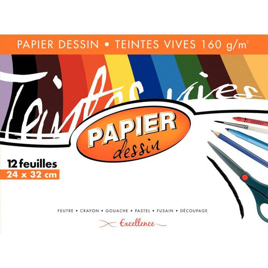 Pochette de 12 feuilles papier dessin 160g, 24x32 cm teintes vives assorties - Ma Rentrée Facile