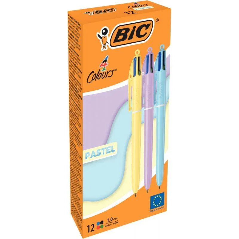 Boîte de 12 stylos bille Bic 4 couleurs, pointe moyenne, pastel, coloris assortis - Ma Rentrée Facile