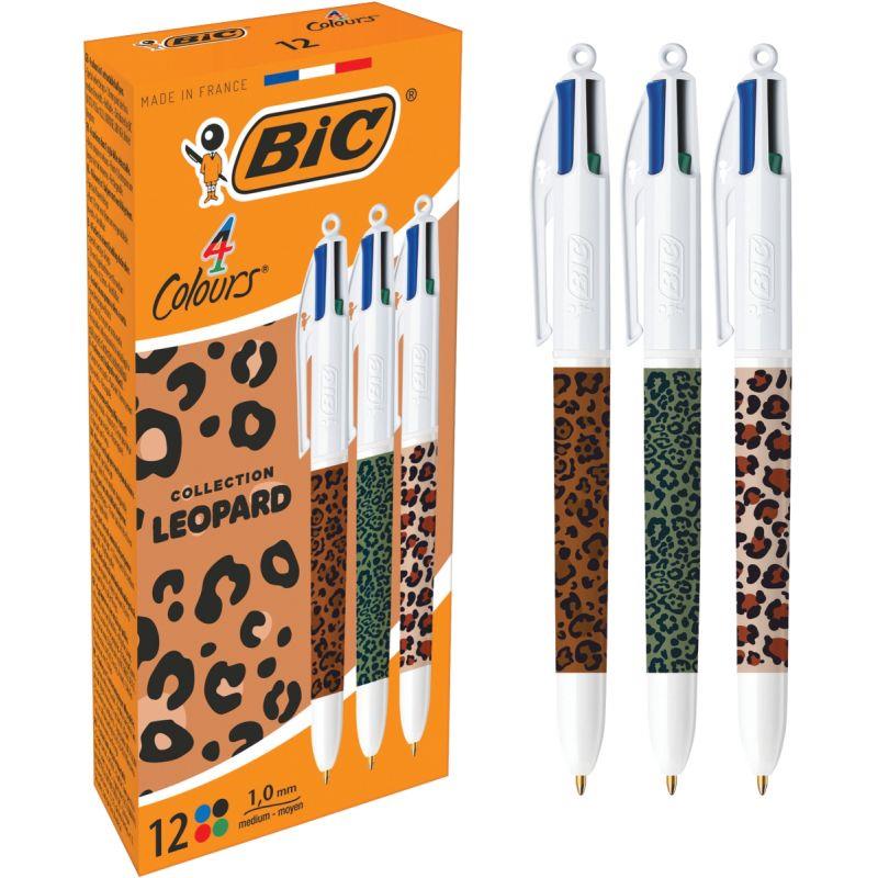 Boîte de 12 stylos bille BIC 4 couleurs pointe moyenne Léopard assortis