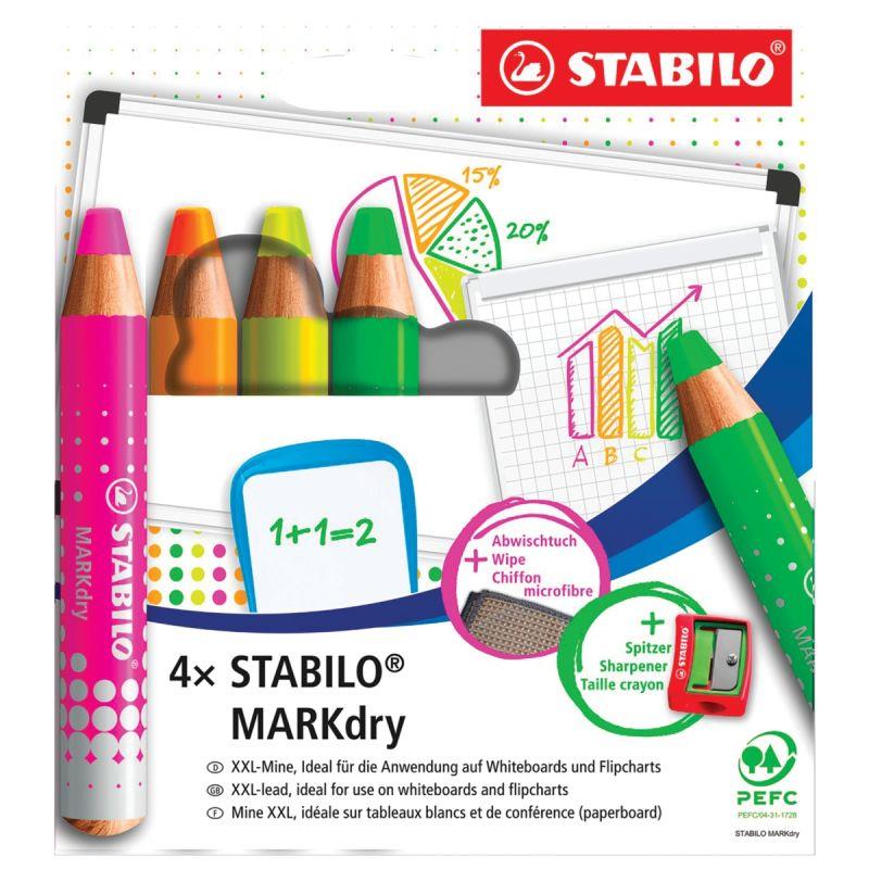 Etui de 4 crayons de couleur Stabilo Markdry fluo + 1 chiffonnette + taille-crayons
