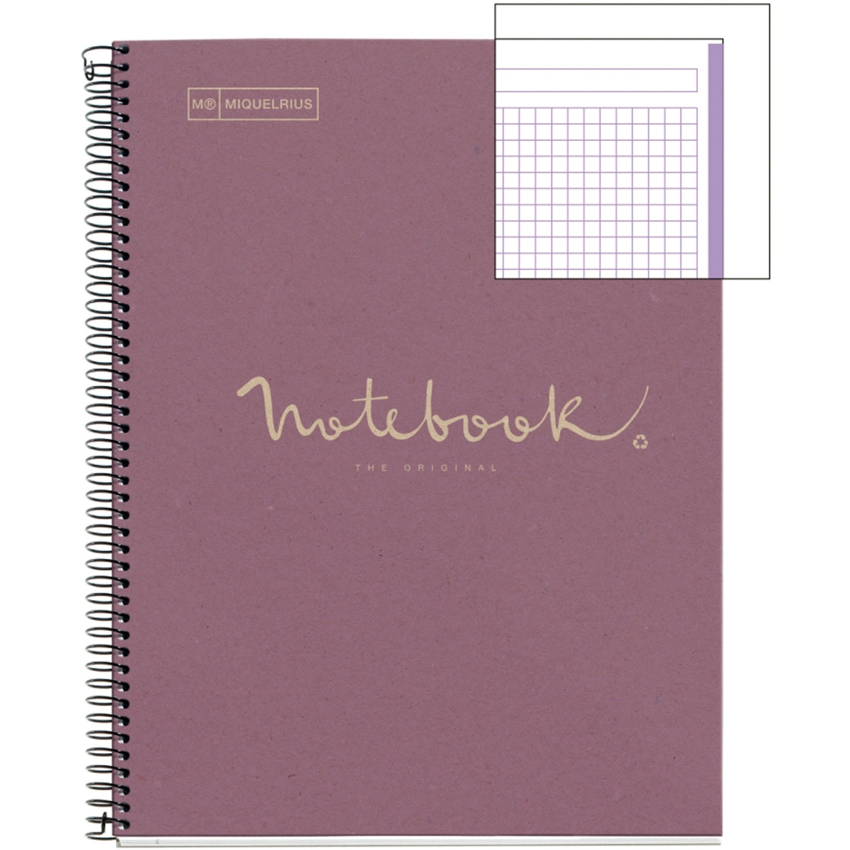 Cahier à spirale recyclé Notebook MIQUELRIUS, A4, 160 pages, 5x5, 90g, perforé lavande