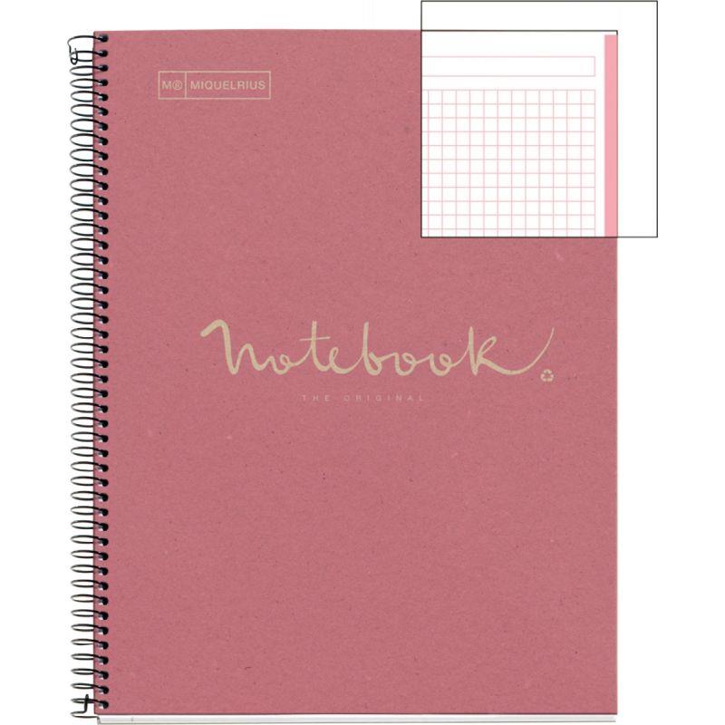 Cahier à spirale recyclé Notebook MIQUELRIUS, A4, 160 pages, 5x5, 90g, perforé rose