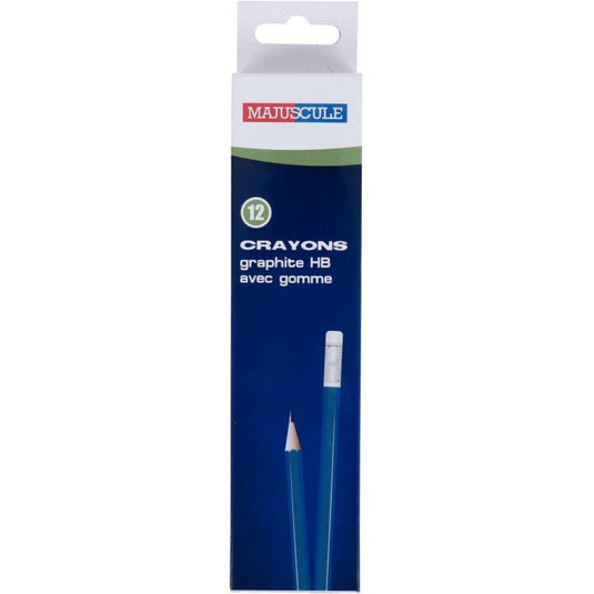 Boite de 12 crayons graphite HB bout gomme Majuscule