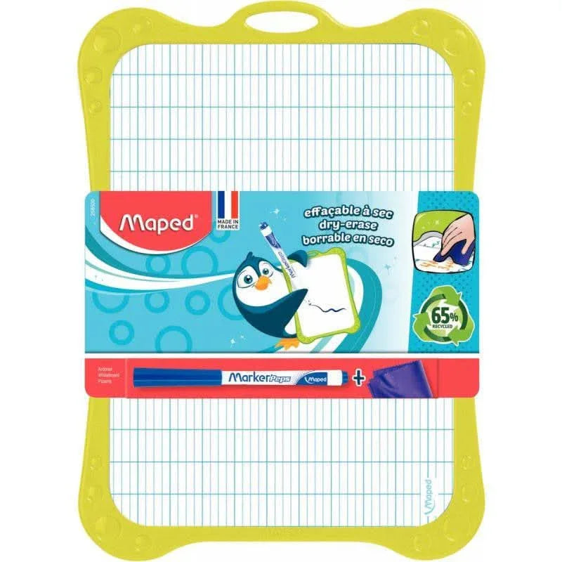 Ardoise effaçable à sec 20 x 28,5 cm + chiffonette + feutre Maped 1 face uni/1 face seyès, coloris aléatoires - Ma Rentrée Facile