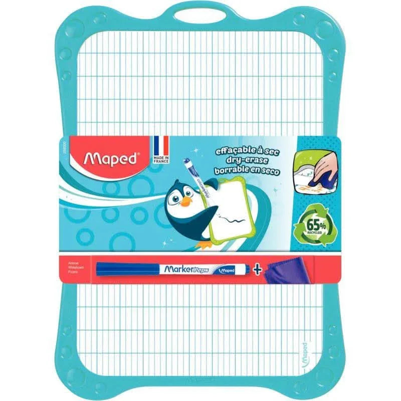 Ardoise effaçable à sec 20 x 28,5 cm + chiffonette + feutre Maped 1 face uni/1 face seyès, coloris aléatoires - Ma Rentrée Facile