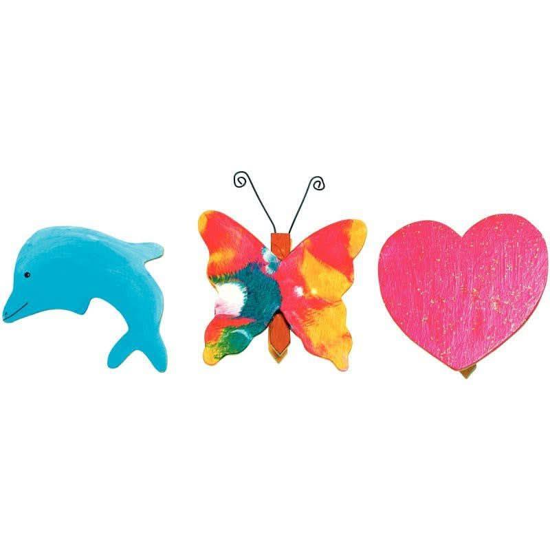 Assortiment de 12 porte mémo magnétiques en bois avec 3 formes assorties : papillon, dauphin, coeur - Ma Rentrée Facile