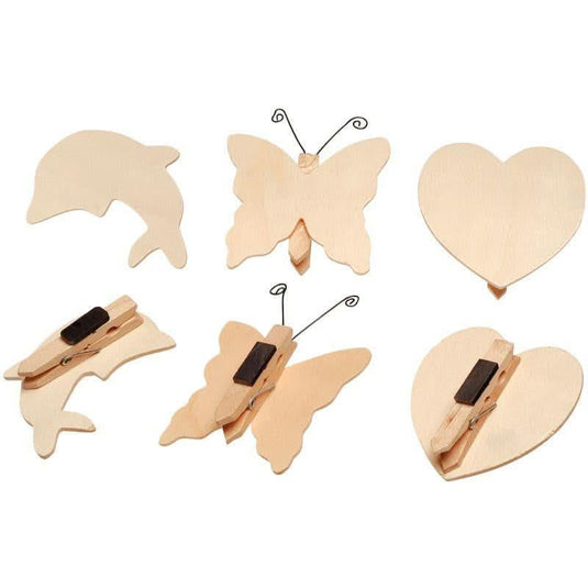 Assortiment de 12 porte mémo magnétiques en bois avec 3 formes assorties : papillon, dauphin, coeur - Ma Rentrée Facile