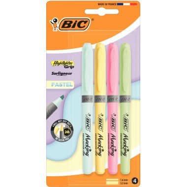 Pochettes de 4 surligneurs Bic Highlighter grip pastel assortis - Ma Rentrée Facile