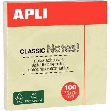 Bloc de 100 feuilles de notes repositionnable, 75x75mm, jaune APLI - Ma Rentrée Facile