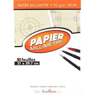 Bloc de 50 feuilles de papier millimétré, 90g, 21x29,7cm EXCELLENCE - Ma Rentrée Facile