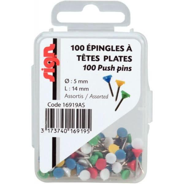 Boîte de 100 épingles de signalisation tête plate diamètre 5 mm assorties - Ma Rentrée Facile