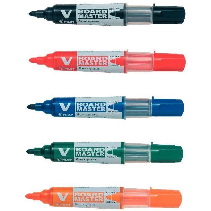 Boite de 5 marqueurs effaçables à sec V-Board Master pointe ogive assortis : bleu, rouge, noir , orange - Ma Rentrée Facile