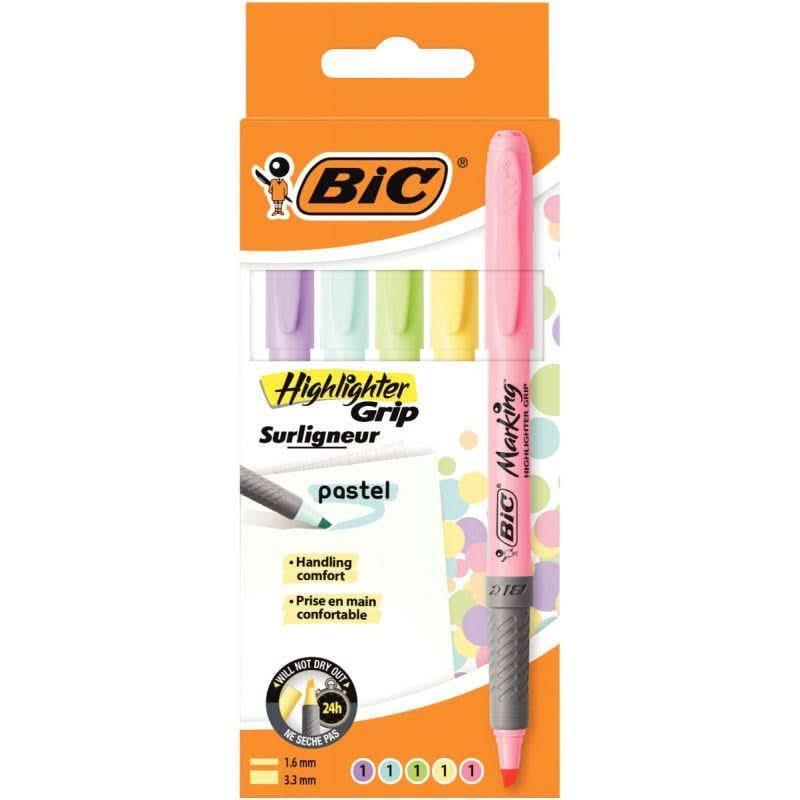 Boite de 5 surligneurs Bic Highlighter grip pastel - Ma Rentrée Facile