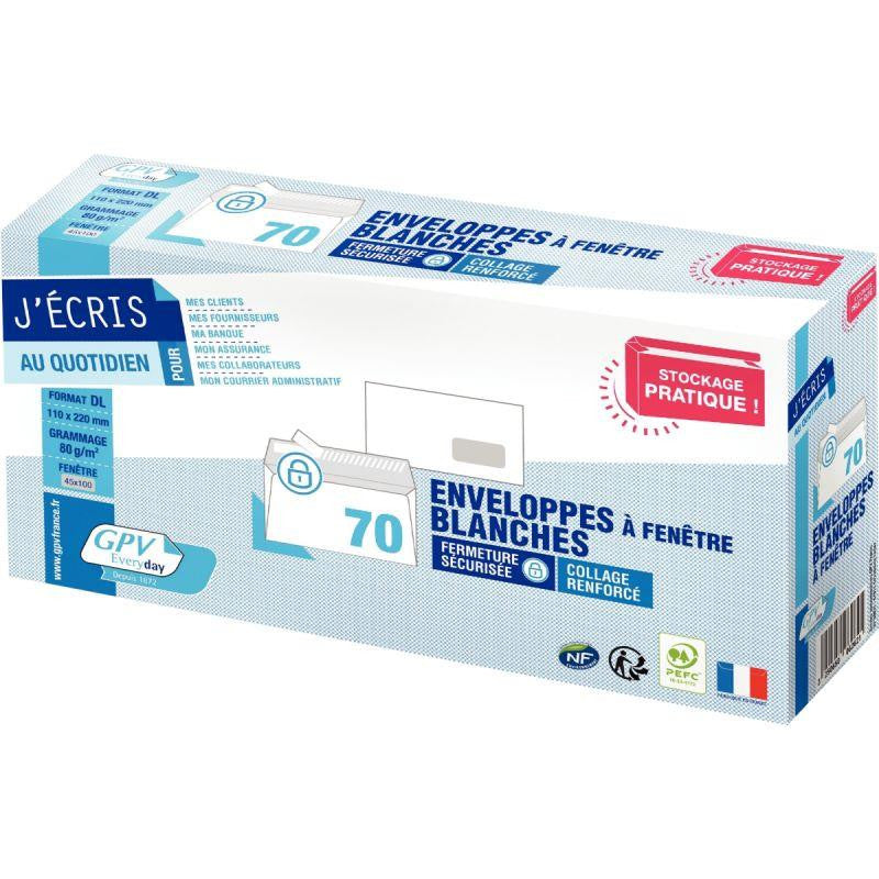 Boîte de 70 enveloppes blanches DL 110x220 80g bande siliconée fenêtre 45x100