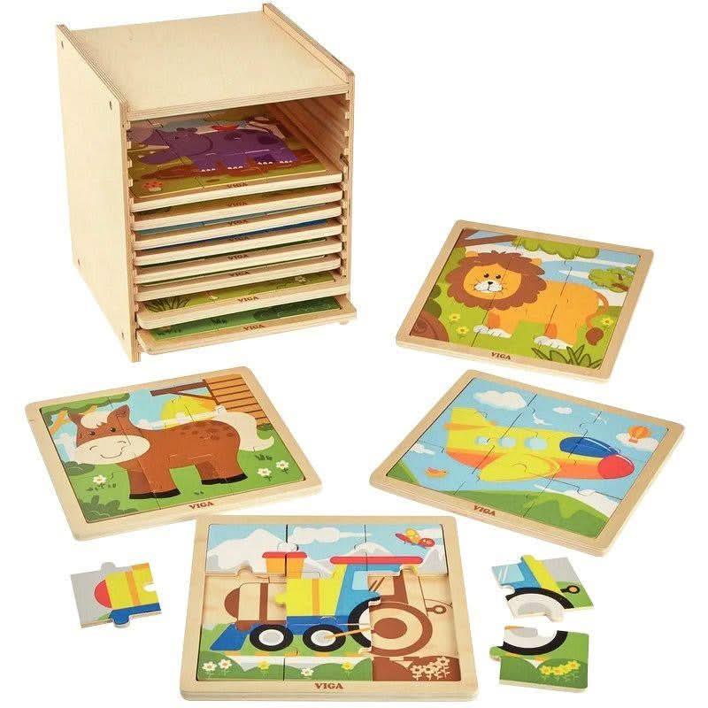 12 puzzles en bois de 9 pièces + boite de rangement - Ma Rentrée Facile