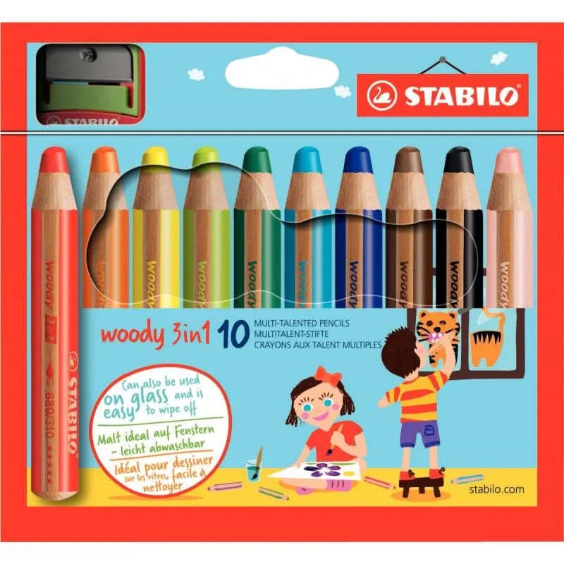 Etui de 10 crayons de couleur aquarellables Woody + 1 taille-crayon - Ma Rentrée Facile
