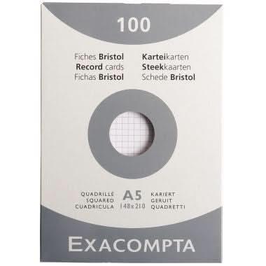 100 fiches bristol non perforées, 14,8x21 cm, blanc quadrillé 5x5 EXACOMPTA - Ma Rentrée Facile