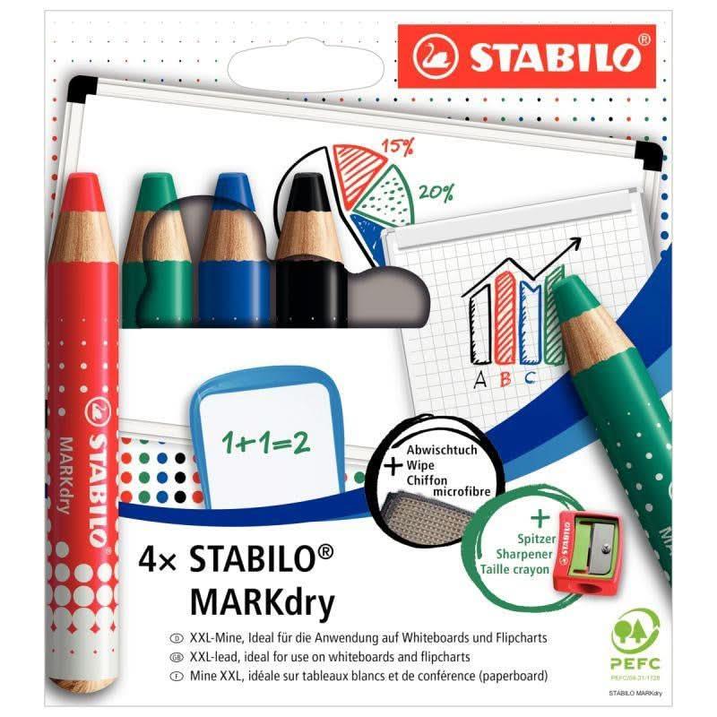 Etui de 4 crayons de couleur Stabilo Markdry + 1 chiffonnette + 1 taille-crayons - Ma Rentrée Facile