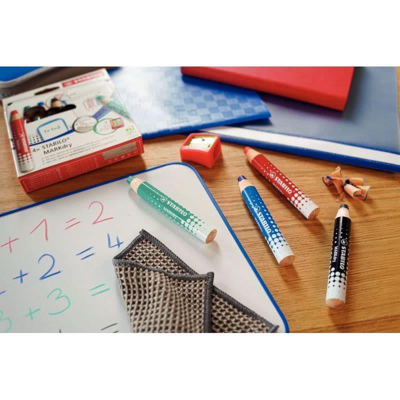 Etui de 4 crayons de couleur Stabilo Markdry + 1 chiffonnette + 1 taille-crayons - Ma Rentrée Facile
