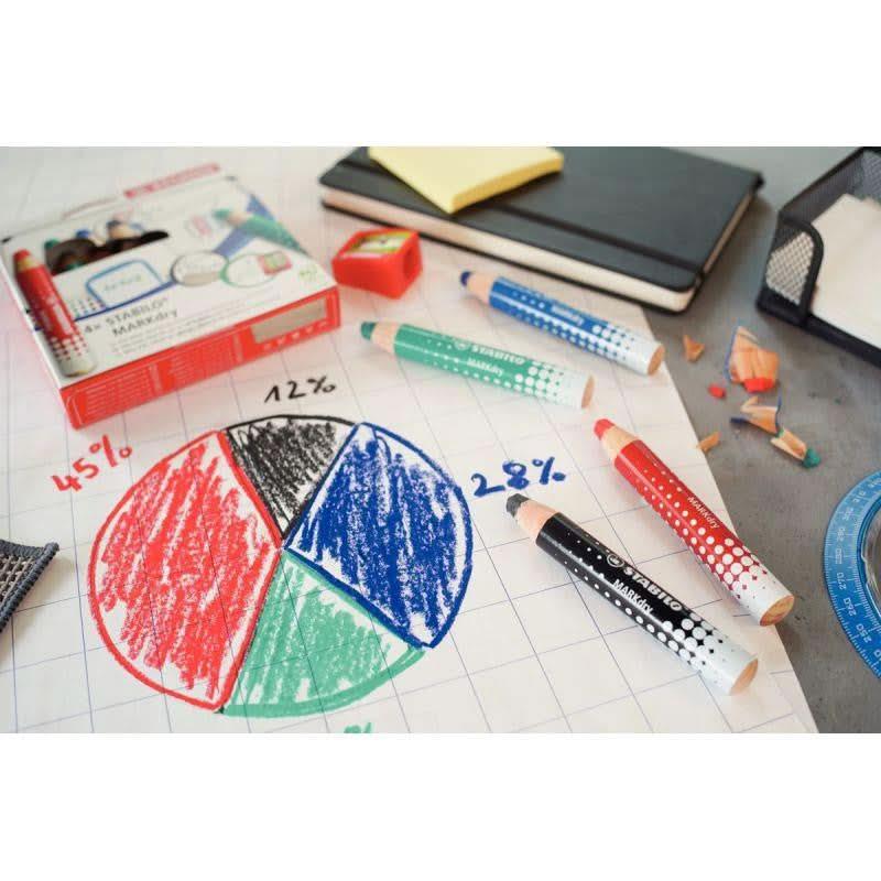 Etui de 4 crayons de couleur Stabilo Markdry + 1 chiffonnette + 1 taille-crayons - Ma Rentrée Facile