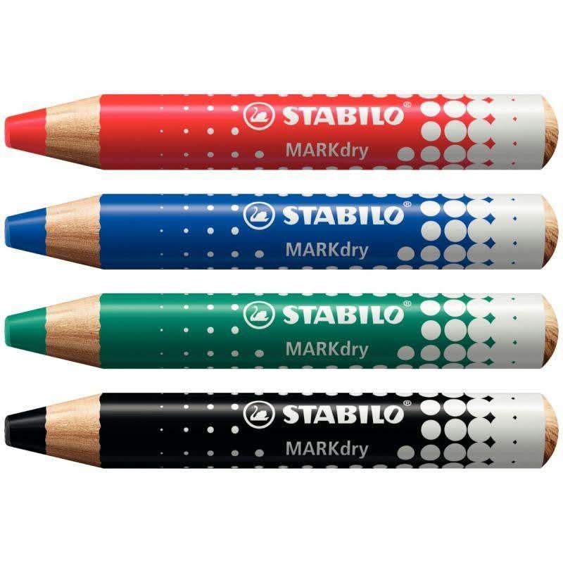 Etui de 4 crayons de couleur Stabilo Markdry + 1 chiffonnette + 1 taille-crayons - Ma Rentrée Facile