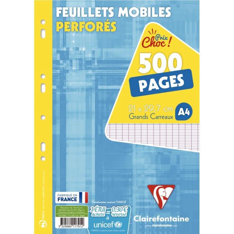250 feuillets mobiles (500 pages) CLAIREFONTAINE format 21x29,7cm séyès 90g blanc - Ma Rentrée Facile
