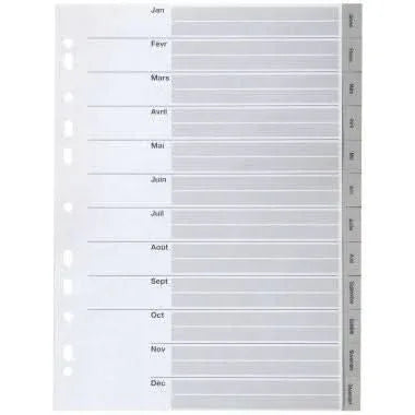 Intercalaires mensuels plastique 12 touches A4 gris - Ma Rentrée Facile