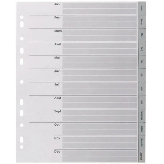 Intercalaires mensuels plastique 12 touches A4+ gris - Ma Rentrée Facile