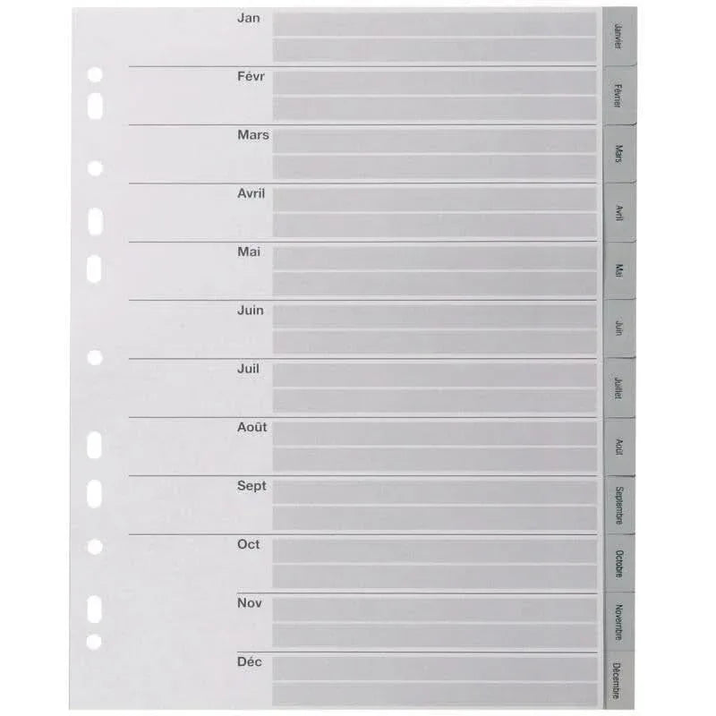 Intercalaires mensuels plastique 12 touches A4+ gris - Ma Rentrée Facile