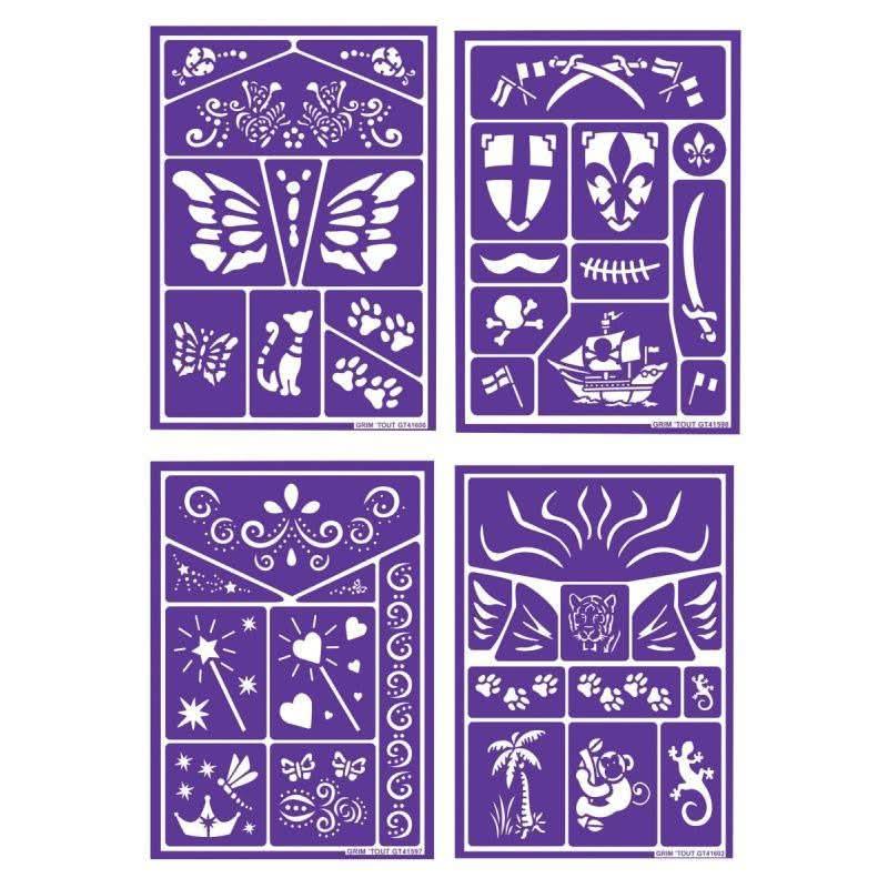 Lot de 4 planches de pochoirs de maquillage assorties : chats, papillons, pirates, contes de fées et jungle - Ma Rentrée Facile