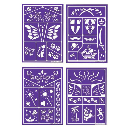 Lot de 4 planches de pochoirs de maquillage assorties : chats, papillons, pirates, contes de fées et jungle - Ma Rentrée Facile