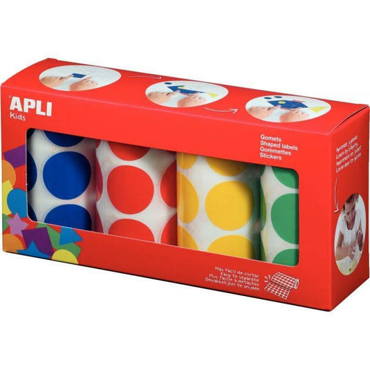 Lot de 4 rouleaux de maxi gommettes rondes diamètre 33 mm, couleurs vives assorties - Ma Rentrée Facile