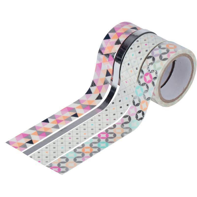 Lot de 4 rubans adhésifs métallisés argenté motifs tendance - Ma Rentrée Facile