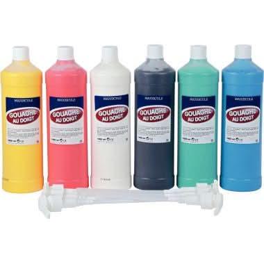 Lot de 6 flacons 1L de gouache aux doigts + 6 pompes couleurs assorties: noir, blanc, bleu, rouge, v - Ma Rentrée Facile