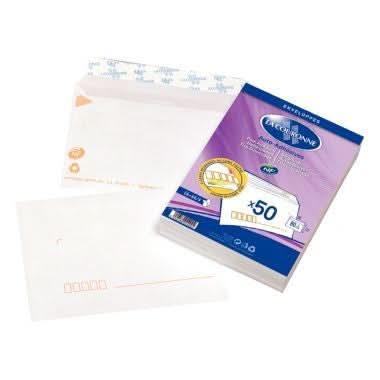Paquet de 50 enveloppes blanches précasées C6 114x162 80g bande de protection - Ma Rentrée Facile