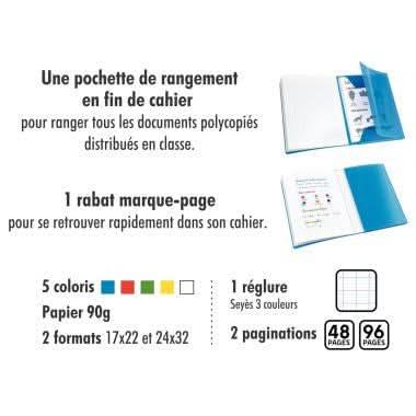 Cahier 17x22, 48 pages,seyès, couverture polypro avec 2 rabats bleu, Conquérant - Ma Rentrée Facile